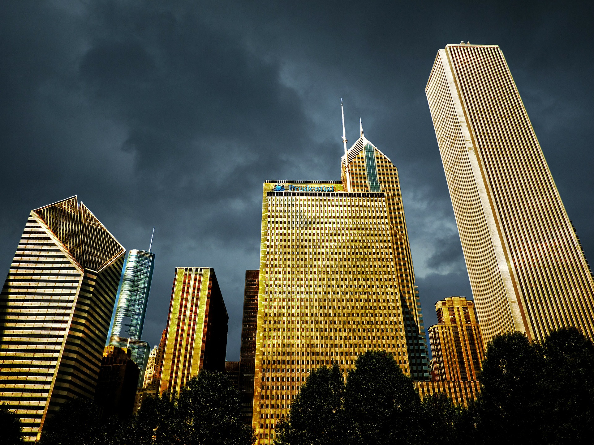 looking up at chicago skyscrapers