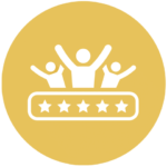 gold icon with cheering people and five stars