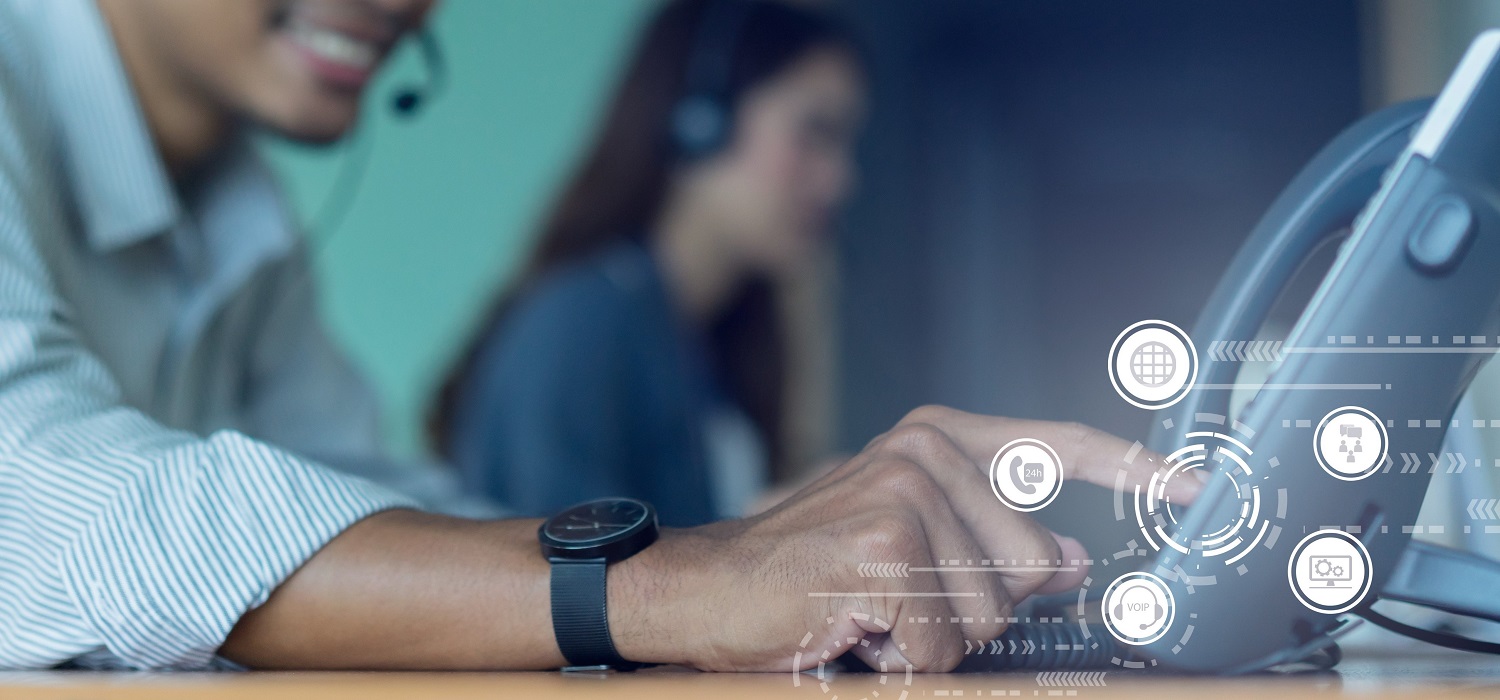call center agent tapping button on phone with icon graphics overlaid