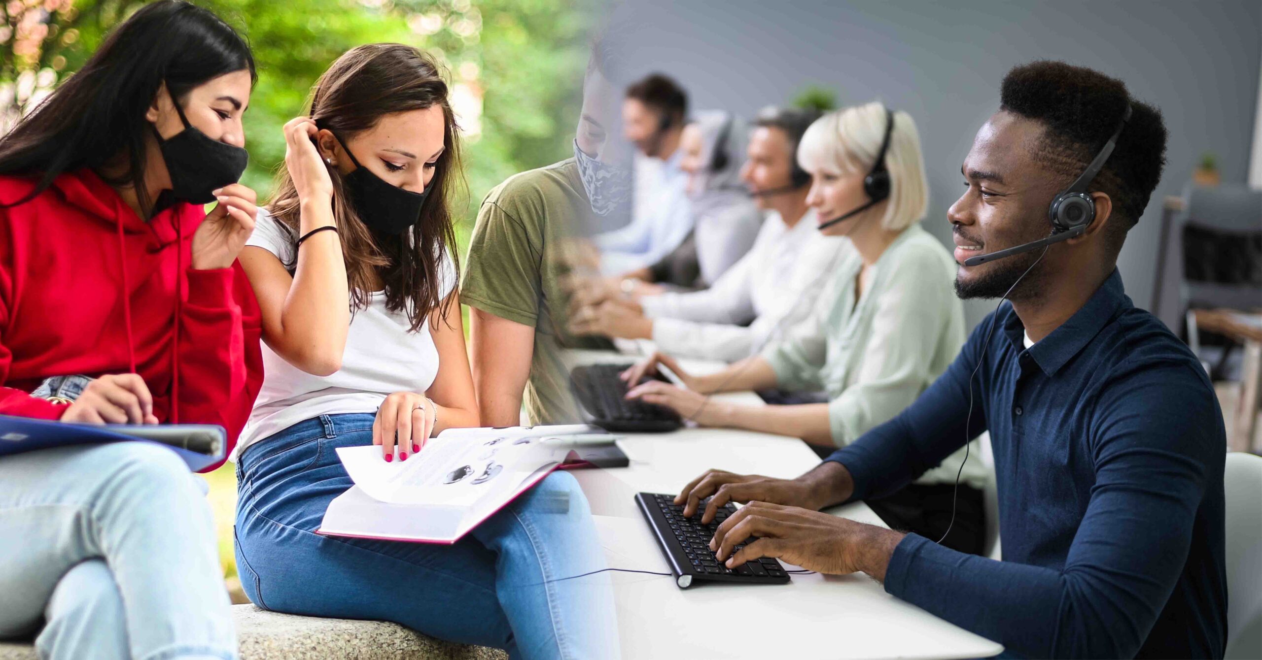 masked students on campus fading into call center agent