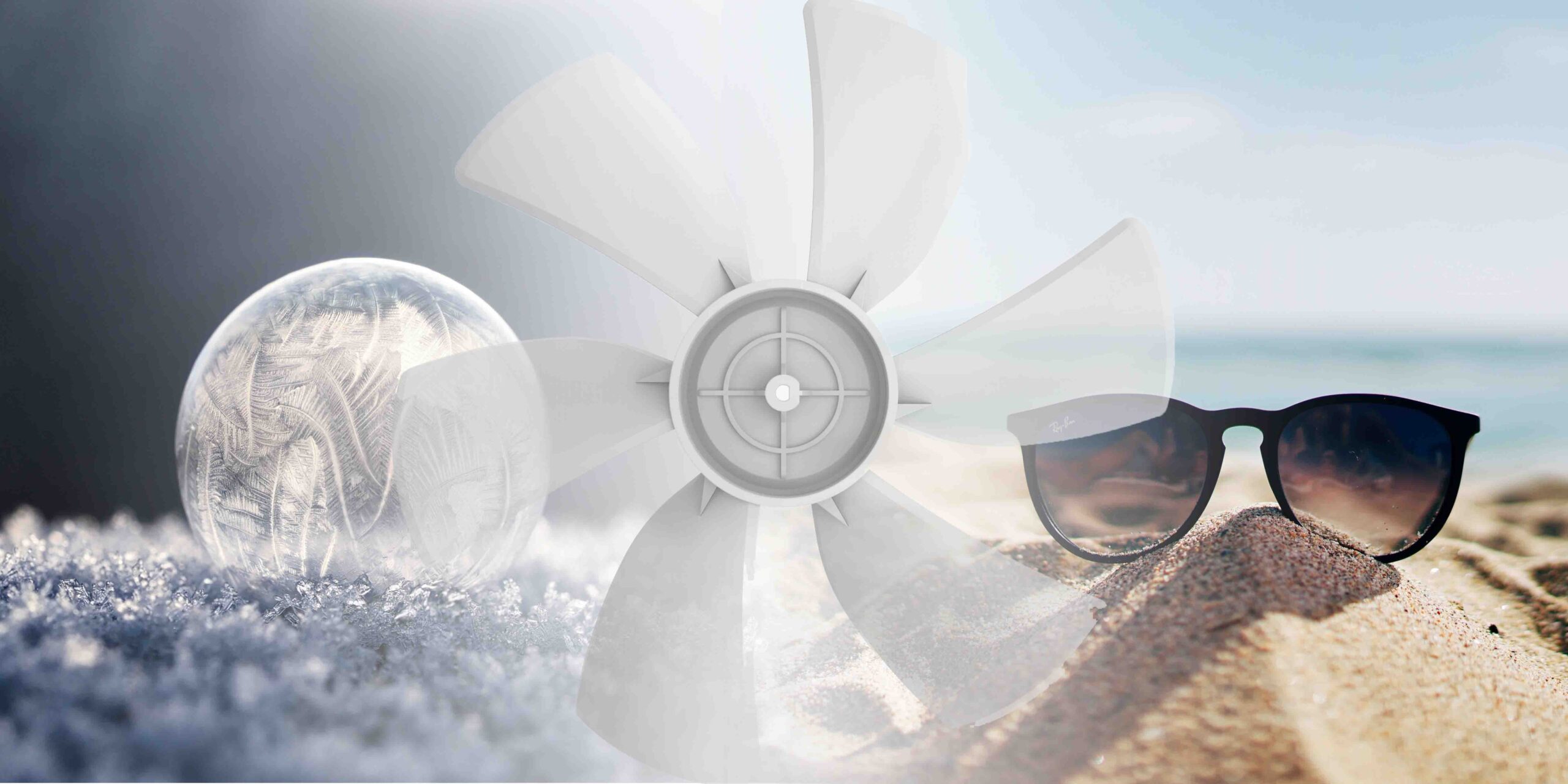 bubble of ice and sunglasses on a beach separated by fan blades HVAC call center
