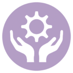 purple icon with hands surrounding gear - bpo