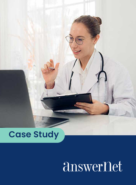 mock-up of case study cover with AnswerNet logo and image of a woman in a lab coat wearing a stethescope, holding a folder and looking at a computer screen