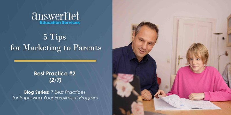 5 tips for marketing to parents - cover image with a girl doing homework, sitting next to her father looking at a laptop screen